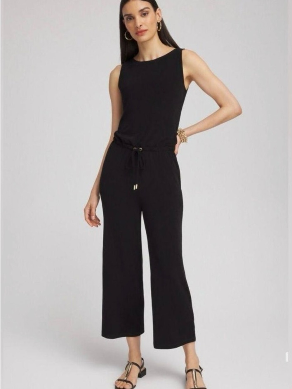 Chico's Black Sleeveless Wide-Leg Drawstring Jumpsuit
